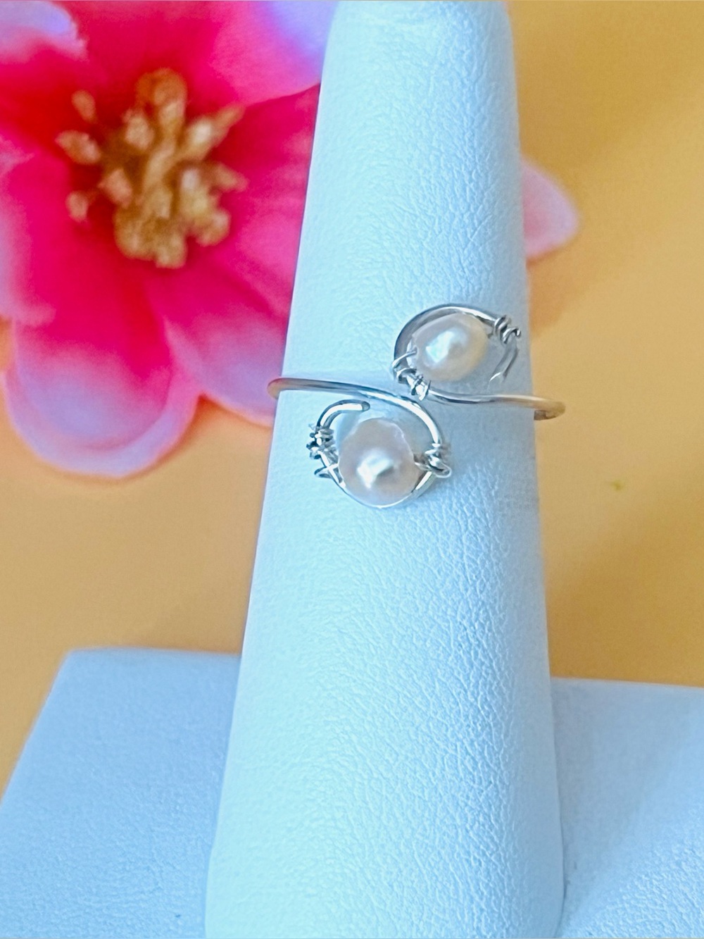 Silver wire & Pink Pearl Adjustable Ring